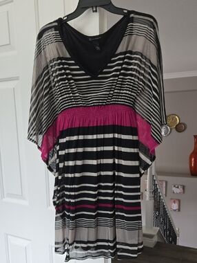 INC Women's Black & Pink Striped V-Neck Dress